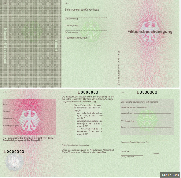 Fiktionsbescheinigung Vorderseite Platzhalter