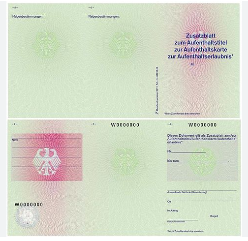 Zusatzblatt zum Aufenthaltstitel Vorderseite Platzhalter