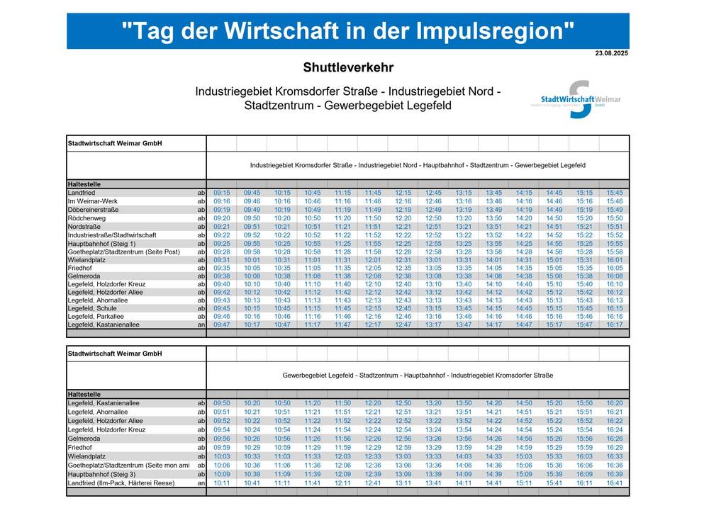 Fahrplan des kostenlosen Shuttleverkehrs