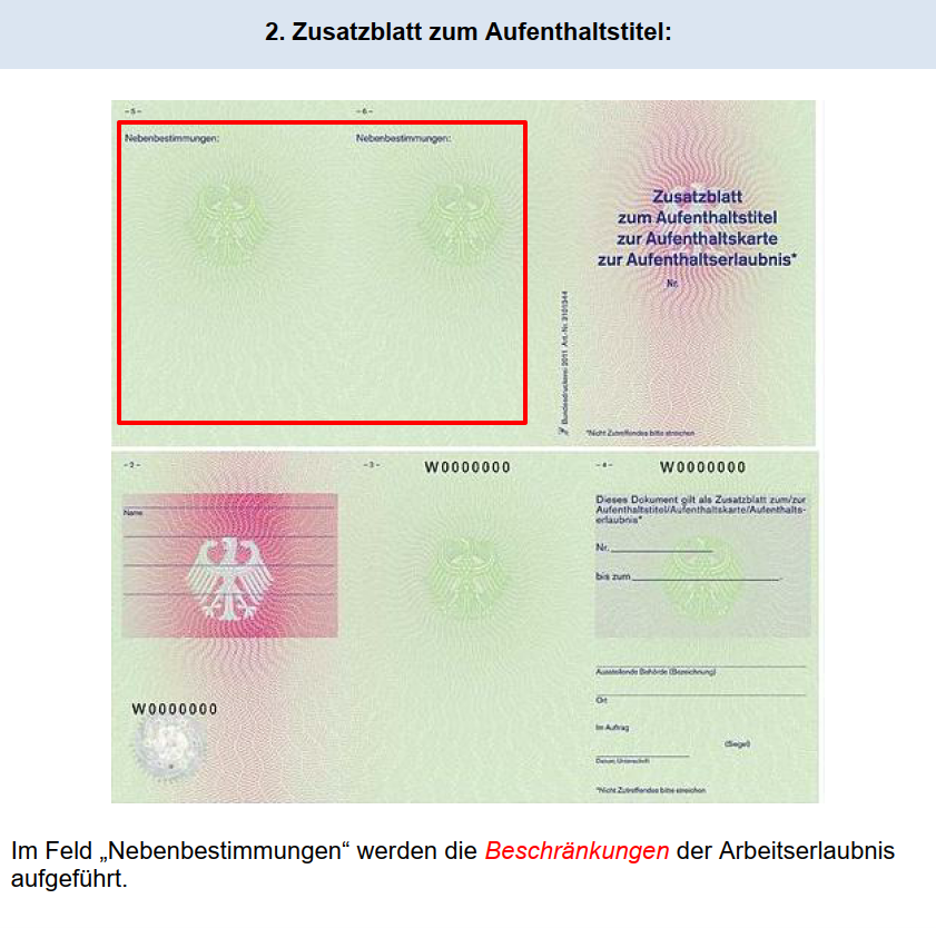 Zusatzblatt Aufenthaltstitel