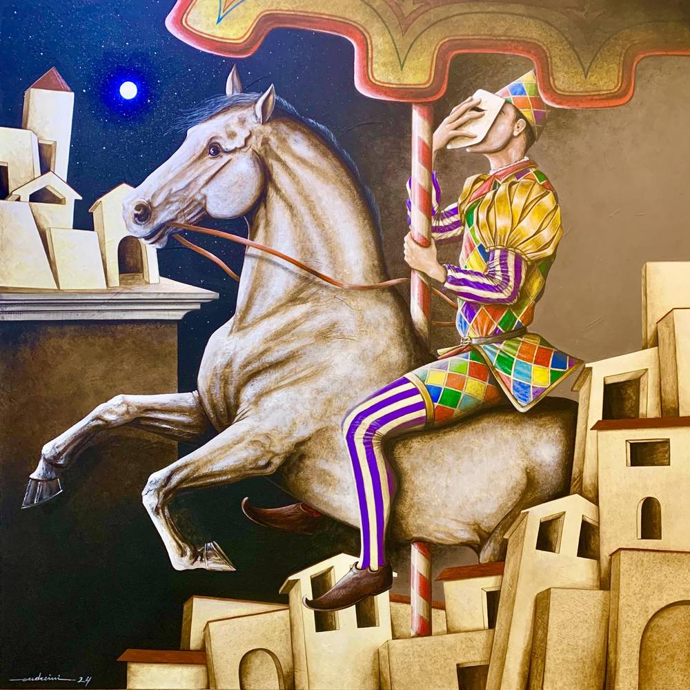 La giostra in città, 2024,  Öl, Emaille und Acryl 70 cm x 70 cm.