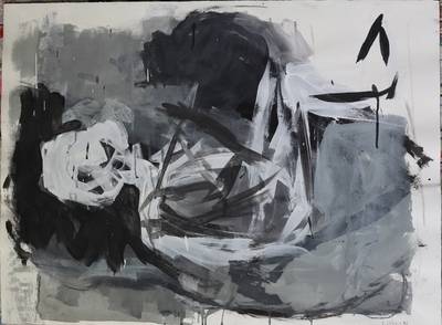 … am Tisch …, Acryl und Tusche auf Arches, 56,5 x 76 cm, 1990