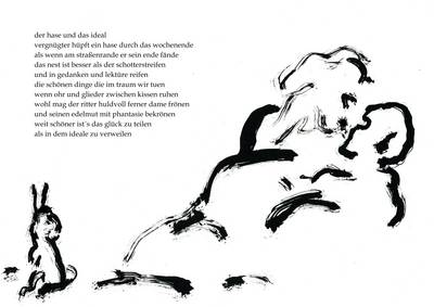 “der Hase und das ideal” aus dem Gedichte- und Zeichnungsbüchlein “Rosenmulch” , Tintenstrahldruck, 2024