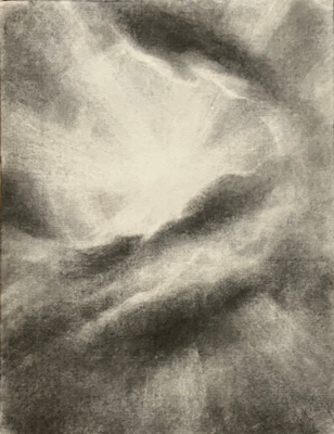 Ohne Titel, 2024, Kohle auf Büttenpapier, 49 x 62,5 cm