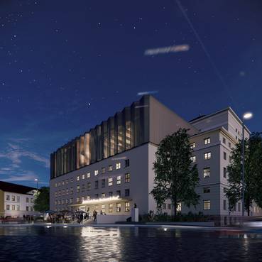 Rendering Fassade Nacht; die Freifläche wurde ohne bestehende Bäume dargestellt.