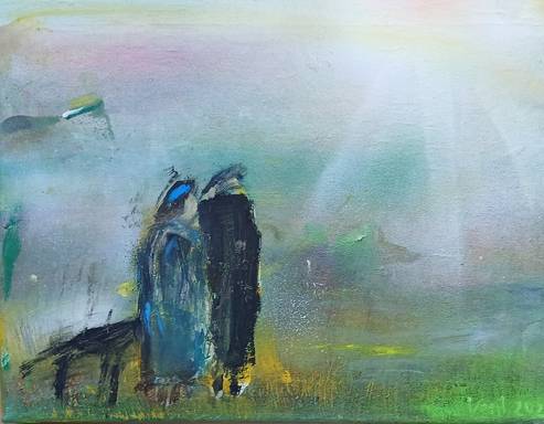 „Wolf im Nebel“, 2025, Mischtechnik