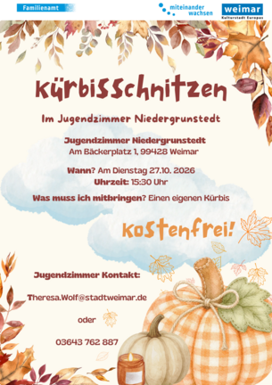 Auf dem Bild ist ein Plakat für das Kürbisschnitzen in Niedergrunstedt zu sehen.