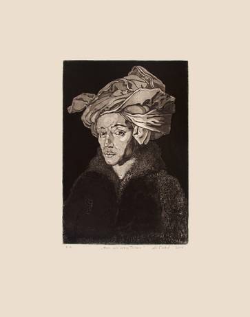 "Frau mit rotem Turban", 2016, Aquatinta auf Bütten (50 cm x 50 cm), Iris Trostel Santander