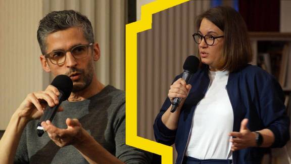 Im Interview mit "Theater der Zeit": Architekt Malte Looff, Partner bei Studio Qwertz und Leiter des Generalplanerteams zur Generalsanierung des Haupthauses, und Karen Büchner, Leiterin der städtischen Stabsstelle Generalsanierung DNT. ©Stadt Weimar. Im Interview mit "Theater der Zeit": Architekt Malte Looff, Partner bei Studio Qwertz und Leiter des Generalplanerteams zur Generalsanierung des Haupthauses, und Karen Büchner, Leiterin der städtischen Stabsstelle Generalsanierung DNT.