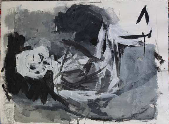 … am Tisch …, Acryl und Tusche auf Arches, 56,5 x 76 cm, 1990