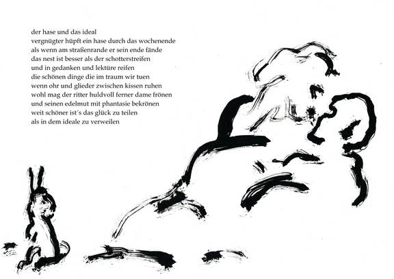 “der Hase und das ideal” aus dem Gedichte- und Zeichnungsbüchlein “Rosenmulch” , Tintenstrahldruck, 2024