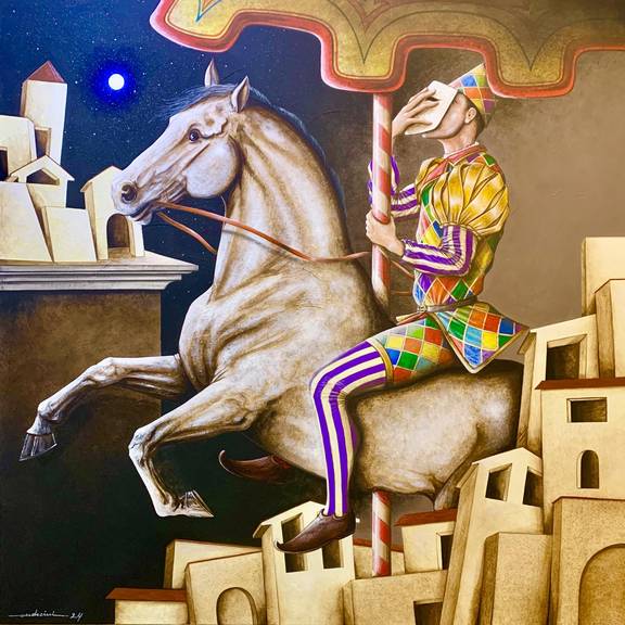 Tommaso Andreini "La giostra in città", 2024, Öl, Emaille und Acryl 70 cm x 70 cm.
