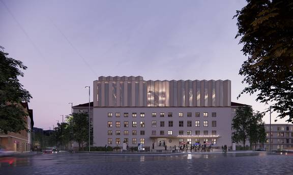 Visualisierung der Südwest-Perspektive aus Richtung Sophienstiftsplatz mit einer überarbeiteten Variante der Gebäudeerweiterung. Die Freifläche wurde dazu ohne bestehende Bäume dargestellt.