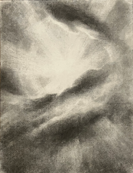 Ohne Titel, 2024, Kohle auf Büttenpapier, 49 x 62,5 cm