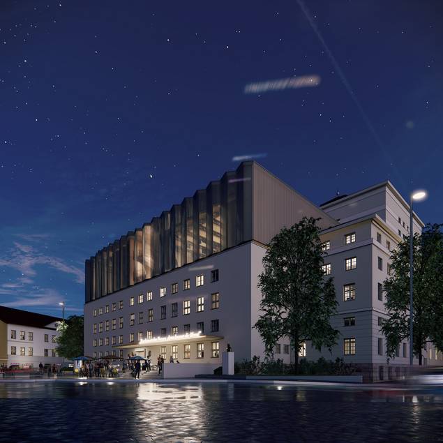 Rendering Fassade Nacht; die Freifläche wurde ohne bestehende Bäume dargestellt.