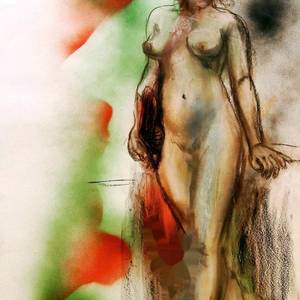 Zeichnung „Akt_mit_Fächer“, Acryl, Kreide, Kohle Pastell auf  Papier, 60x30, 2020