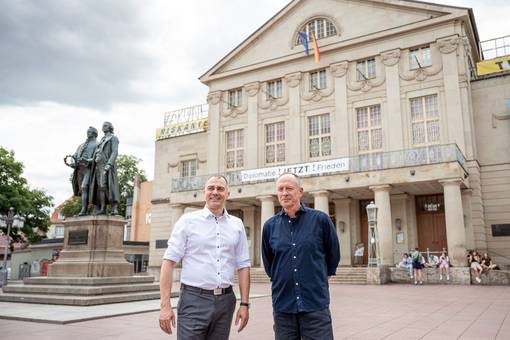 14.07.2023 Weimar: Gespräch zwischen Oberbürgermeister Peter Kleine und Intendant Hasko Weber anlässlich der geplanten Generalsanierung des Deutsches Nationaltheaters Weimar.