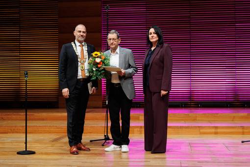 Die Stadtratsvorsitzende Katrin Götz und Oberbürgermeister Peter Kleine verleihen die Goldene Ehrennadeln an Erich Volkmar Lübeck.