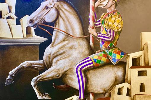 Tommaso Andreini "La giostra in città", 2024, Öl, Emaille und Acryl 70 cm x 70 cm.