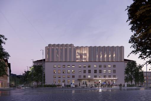 Visualisierung der Südwest-Perspektive aus Richtung Sophienstiftsplatz mit einer überarbeiteten Variante der Gebäudeerweiterung. Die Freifläche wurde dazu ohne bestehende Bäume dargestellt.