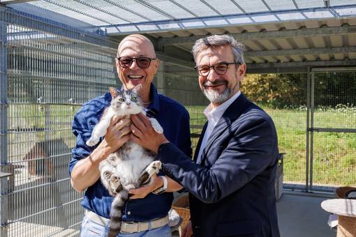 Bürgermeister Ralf Kirsten, Staatssekretär Udo Götze (r.) mit Katze Xia © Stadt Weimar Bürgermeister Ralf Kirsten, Staatssekretär Udo Götze halten grau weiße Katze auf dem Arm