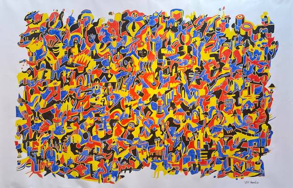 Boxes Bridges, Acryl auf Leinwand, 200x300cm, 2023.