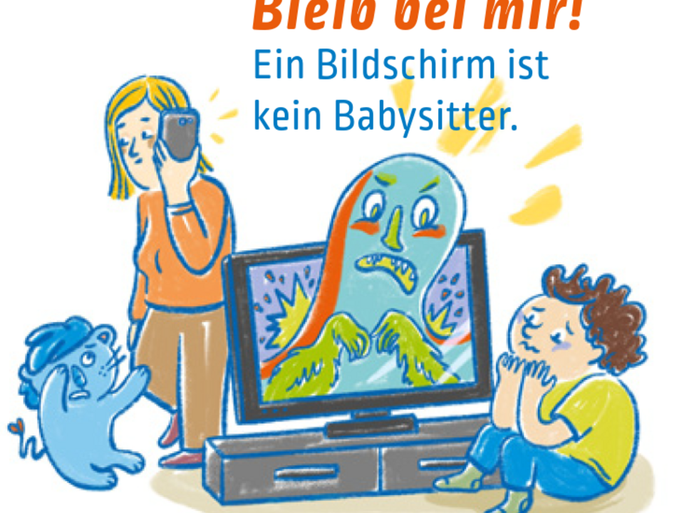 Illustration, Kind vorm Fernseher aus dem ein Monster herausschaut
