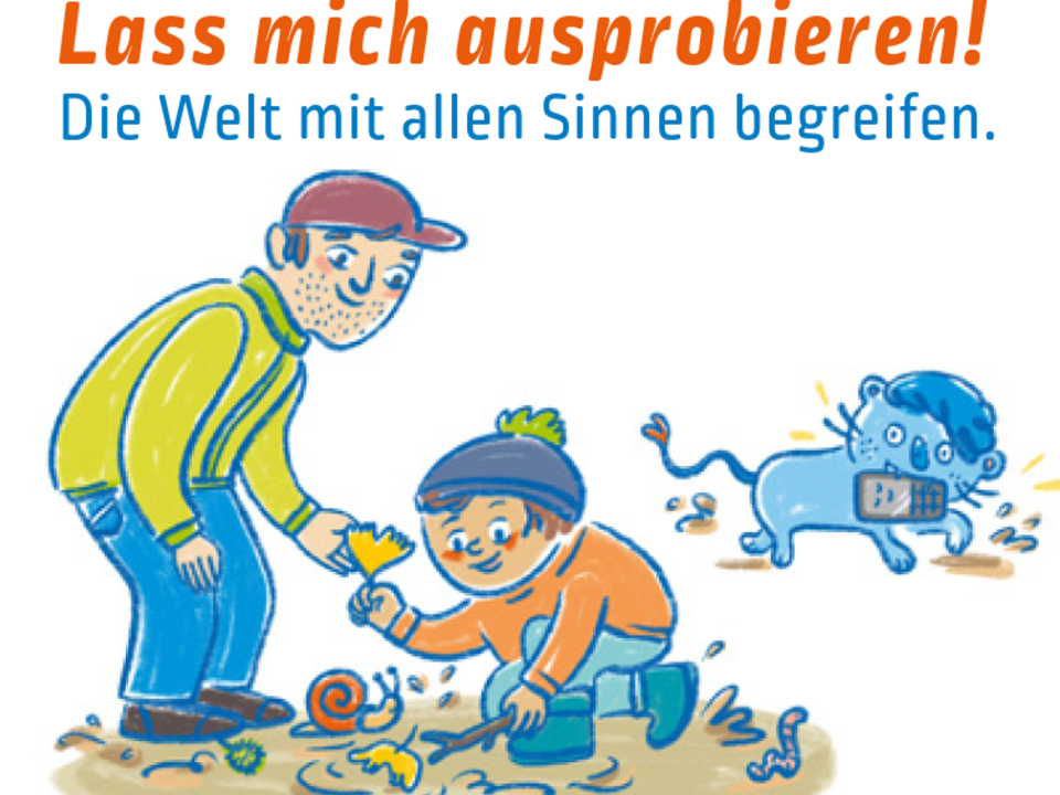 Illustration: Vater mit Kind draußen am Spielen