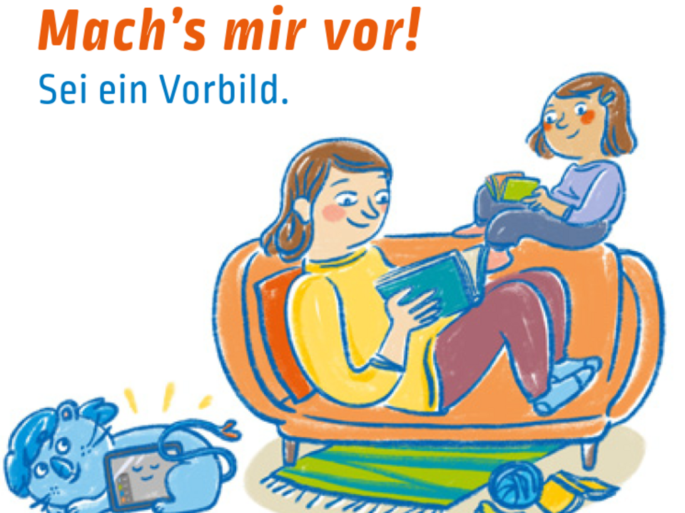 Illustration: Mutter und Kind lesen auf dem Sofa