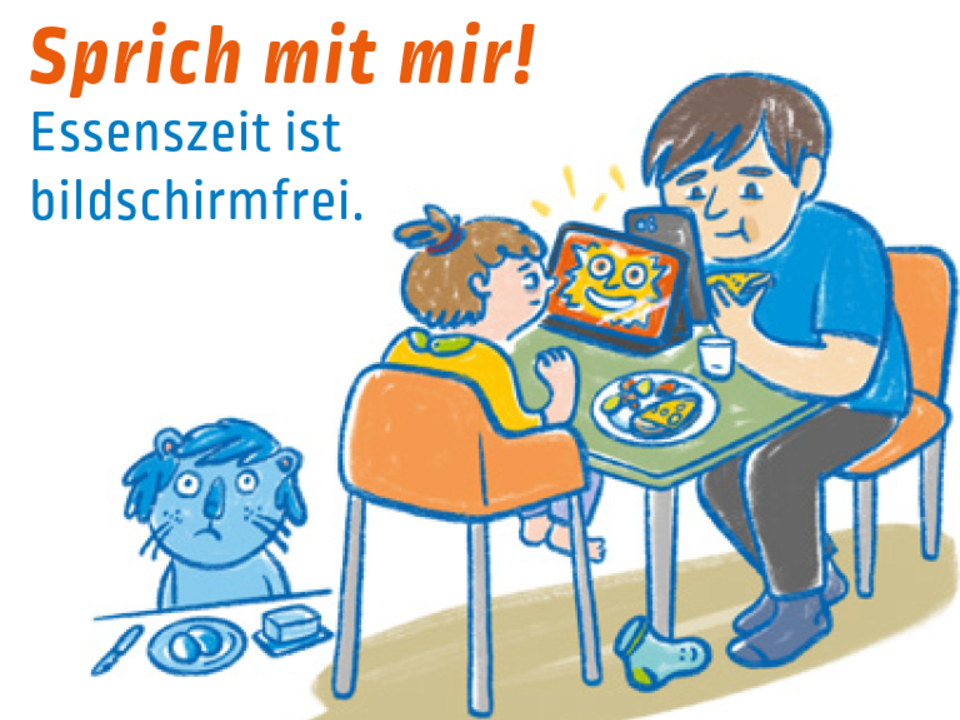 Vater mit Kind am Esstisch, beide nutzen technische Geräte zur Ablenkung